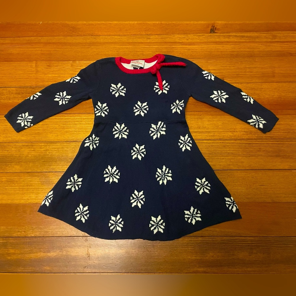Hanna Andersson Navy & White Snowflake Sweater Dress w Red Bow Collar 90 cm 3T